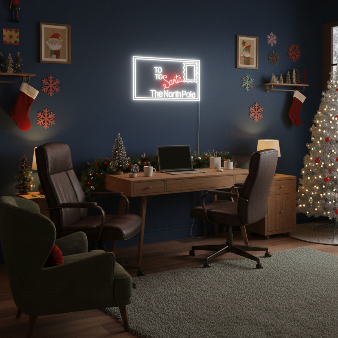A Letter to Santa Playroom Merry Christmas Neon Sign by Neon.Shop with glowing LED lettering for kids’ holiday décor.