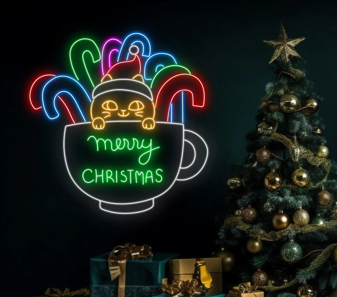 Cat Cup Candy Cane Merry Christmas Neon Sign by manhattanneons.com - Add a playful holiday touch with this cat cup candy cane neon sign.