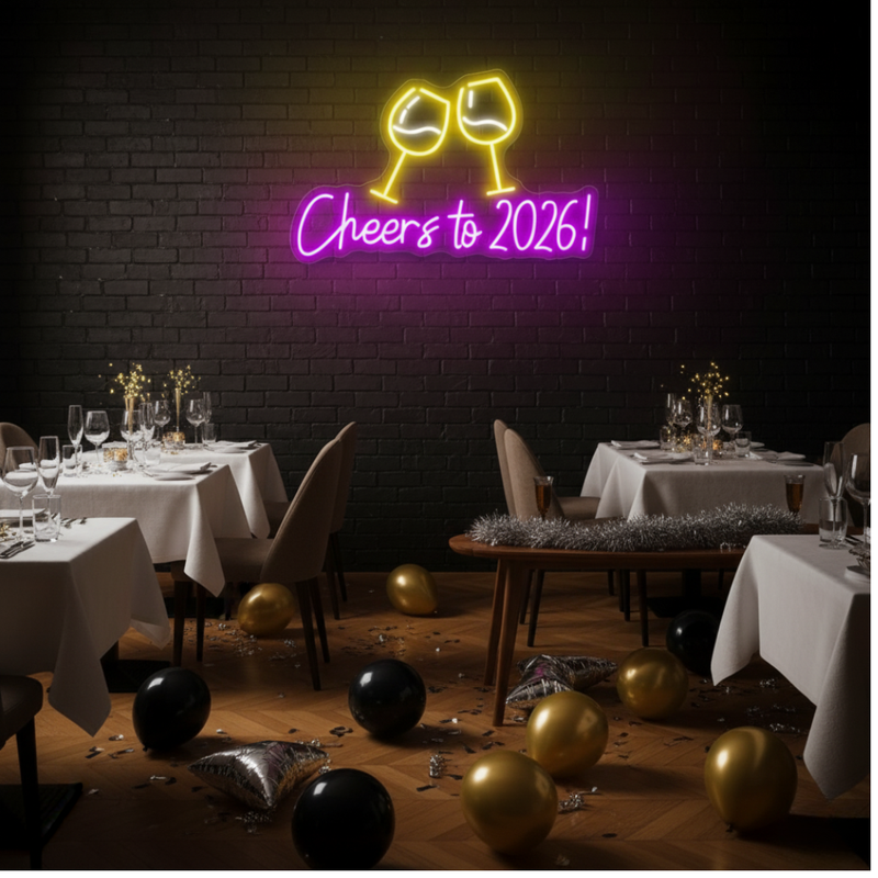 Cheers To 2026 glowing LED neon light for home and party décor by Neon.Shop