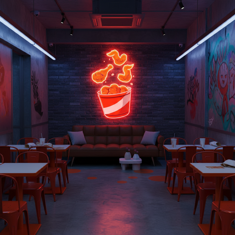 Flying Fried Chicken UV Art LED Neon Sign with colorful UV art glow, food-themed LED wall décor by Neon.Shop