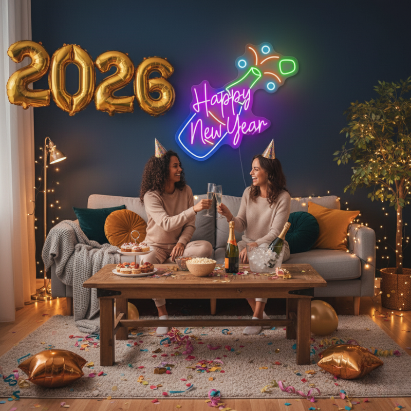 Happy New Year With Champagne Neon sign for New Year's Eve bar setup