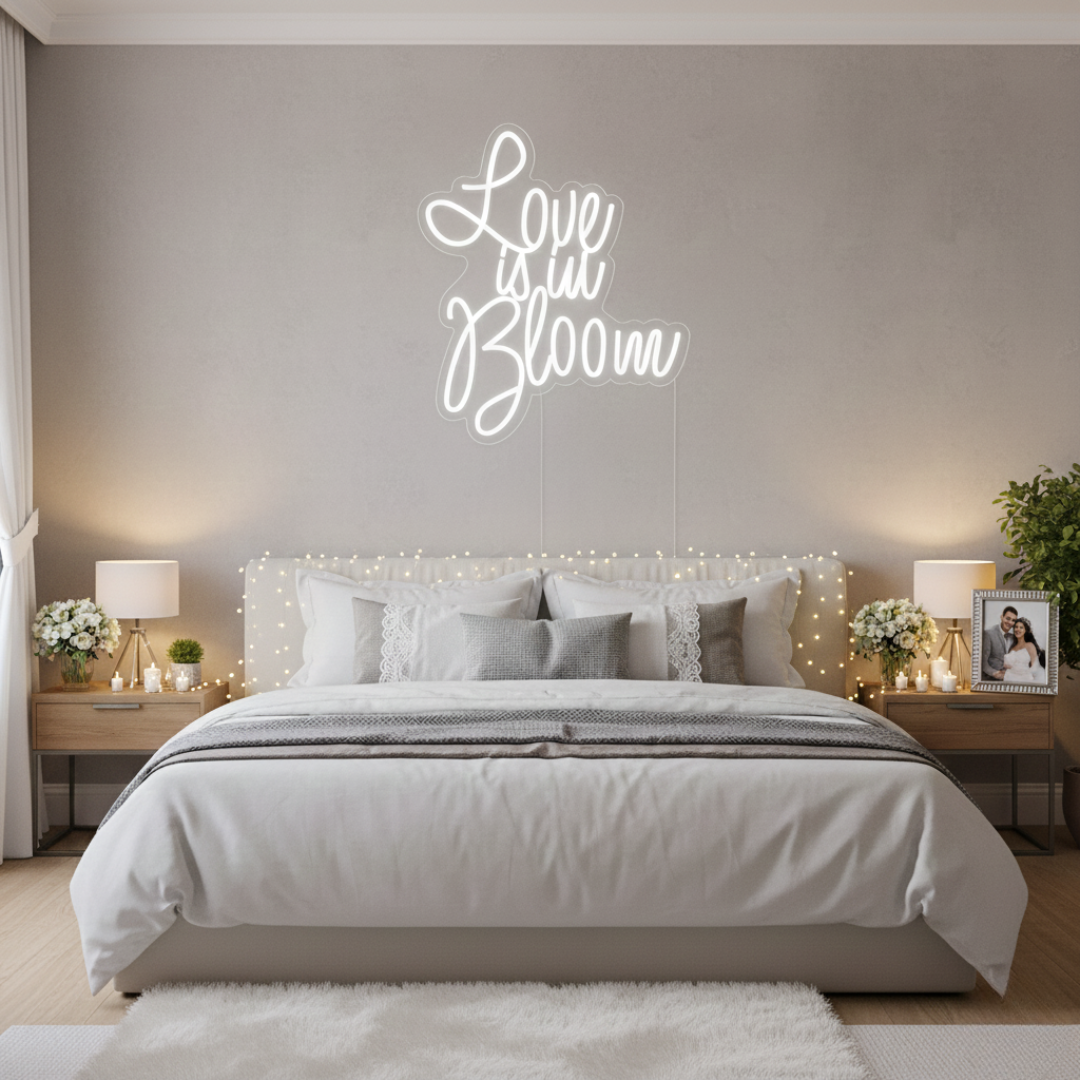 Love Is in Bloom wedding reception LED neon sign by Neon.Shop Bedroom