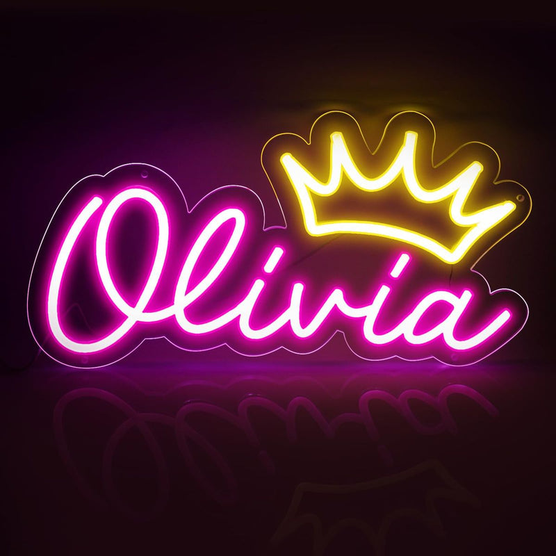 OLIVIA LED Neon Name Sign by Neon.Shop adding vibrant LED glow to bedrooms, home offices, and living spaces.