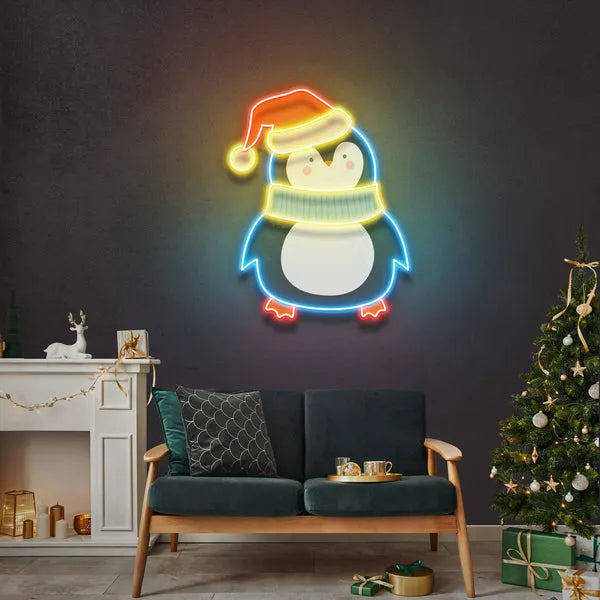 Penguin with Xmas hat Merry Christmas Neon Sign by manhattanneons.com - Add festive winter charm with this snowman neon sign.