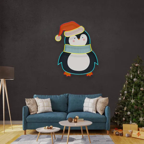 Penguin with Xmas hat Merry Christmas Neon Sign by manhattanneons.com - Add festive winter charm with this snowman neon sign.