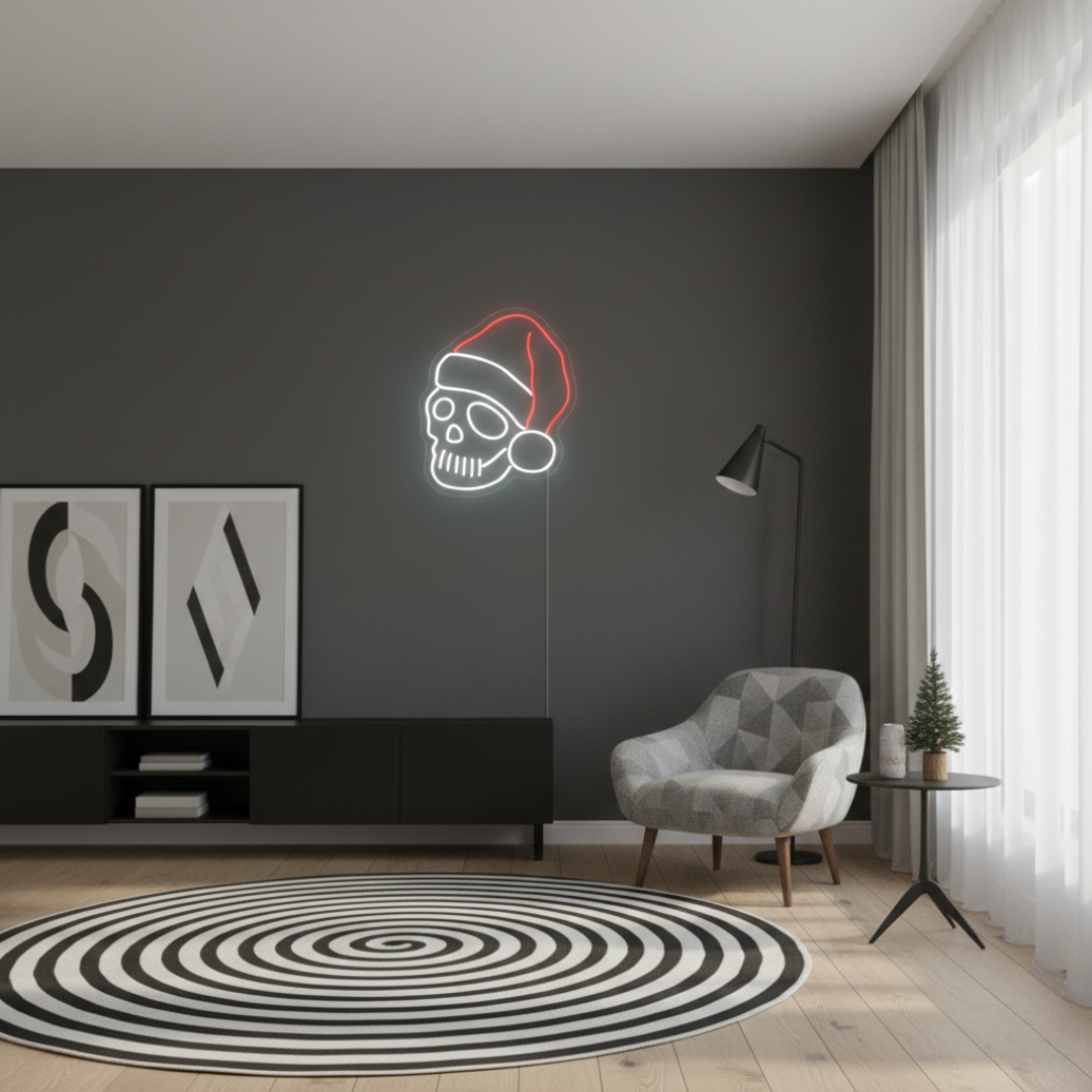 Skeleton Merry Christmas LED neon sign glowing in festive colors by Neon.Shop.