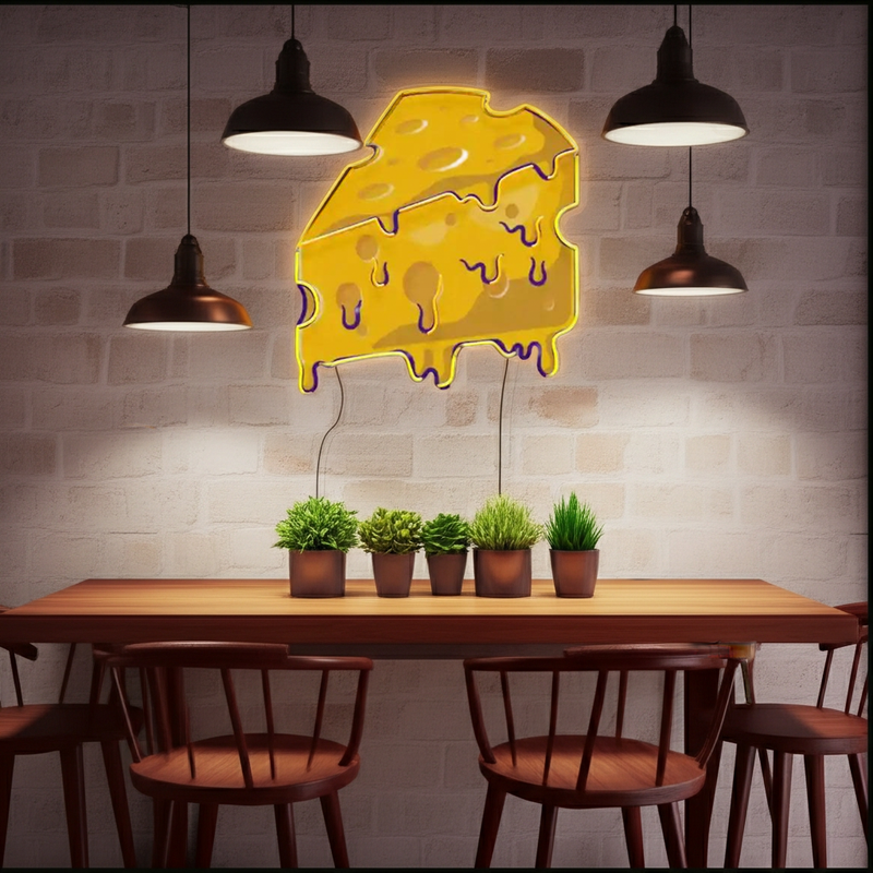 Thick Cheese Slice UV Art LED Neon Sign with vibrant UV art glow, playful food-themed LED wall décor by Neon.Shop