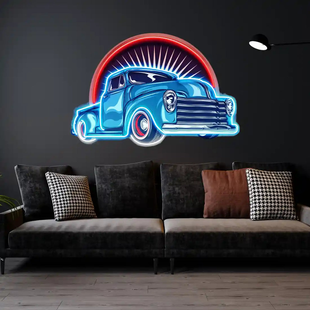 Vintage Pickup Truck UV Art LED Neon Sign in blue and red colour by manhattanneons.com