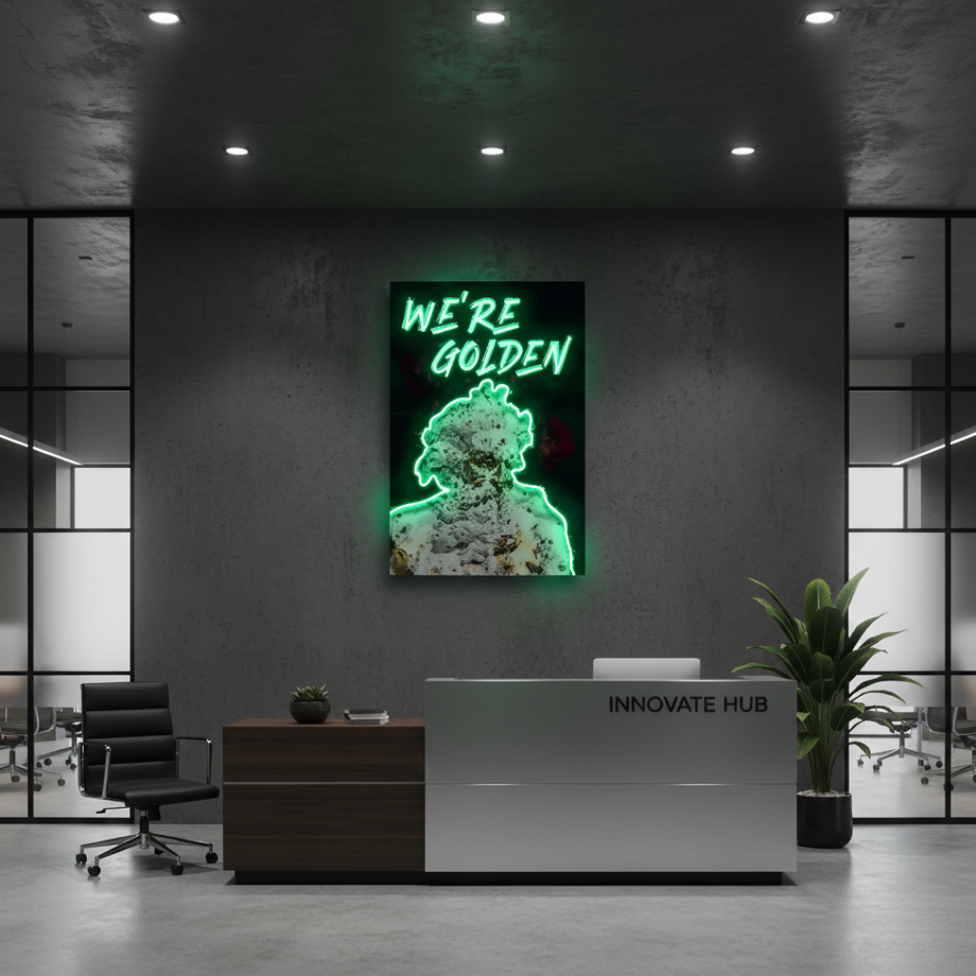 We’re Golden UV Art LED Neon Sign with bright UV art glow, motivational LED wall décor by Neon.Shop