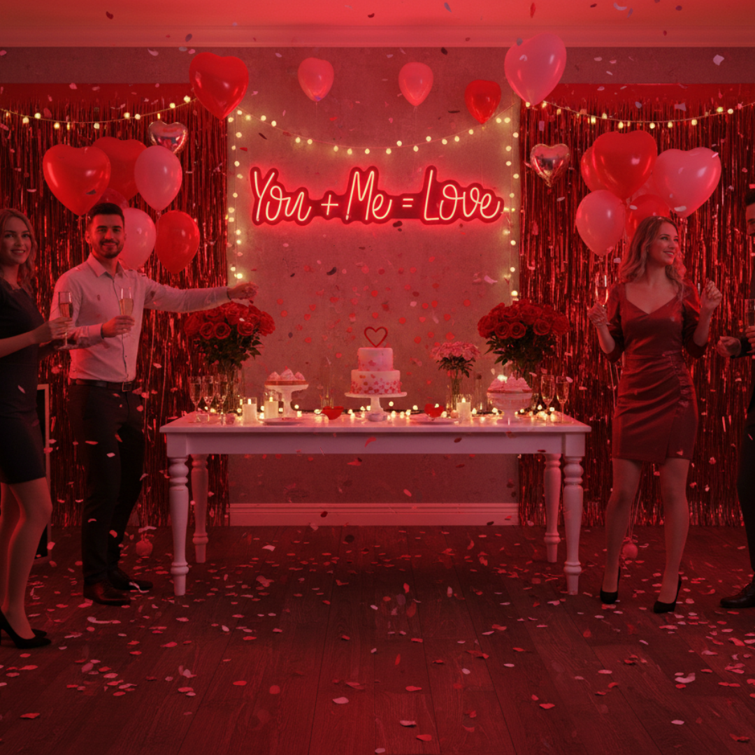 You Me Love Valentine’s Day Neon Sign glowing on wall for romantic décor by Neon.Shop
