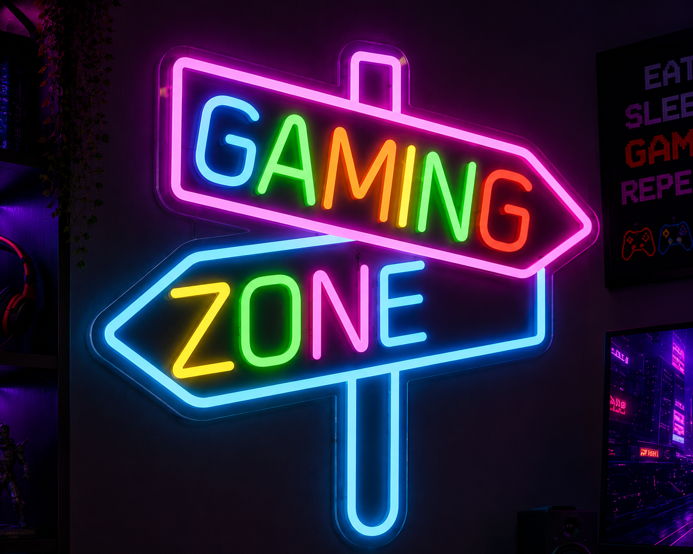 Gaming Zone Neon Sign Vibrant Wall Art for Streamers & Gamers