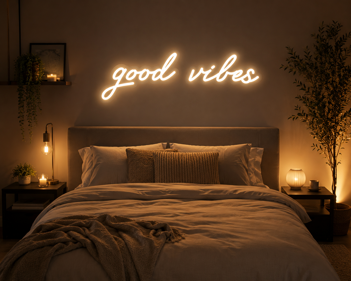 Cozy Bedroom Neon Sign – “Good Vibes” Warm White Glow