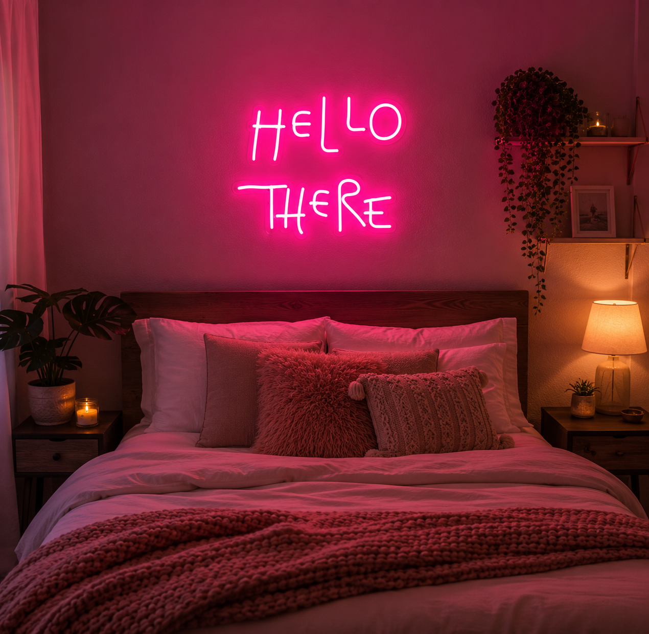Cozy Teen Bedroom with Vibrant Neon Sign