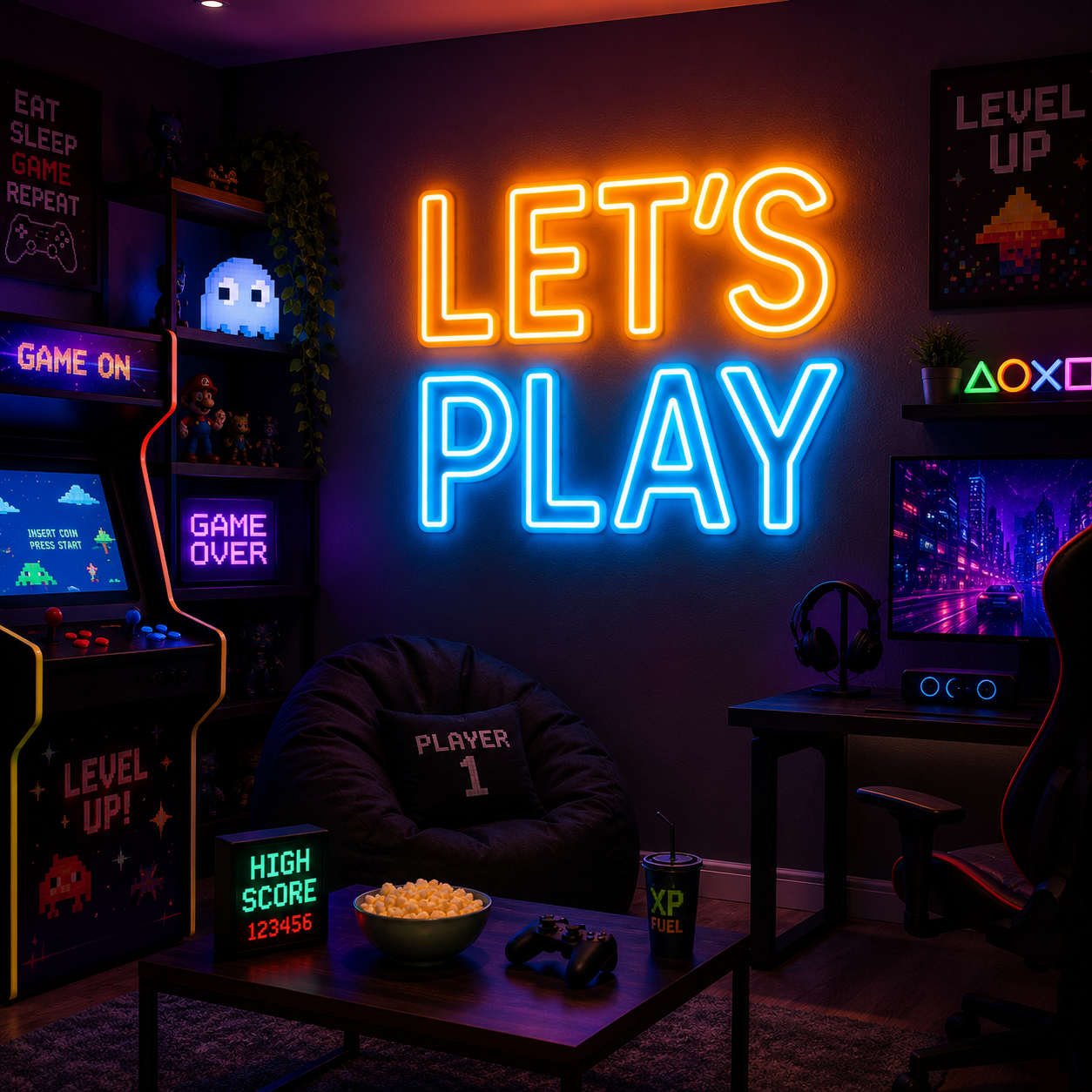 Neon Sign "Let's Play" Vibrant Gaming Room Wall Art