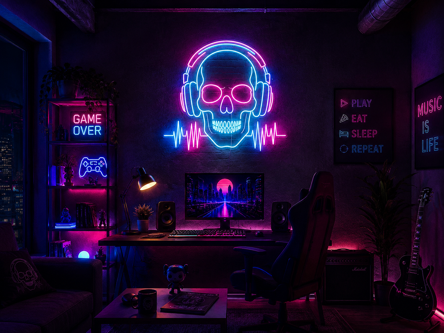 Skull Headphones Neon Sign Gamer Room Wall Art