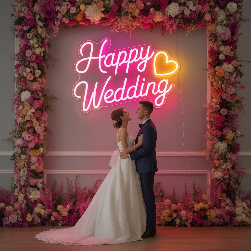 Pre-designed or personalized neon wedding signs, bright LED décor perfect for photo backdrops by Neon.Shop.