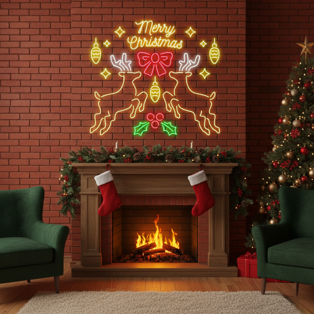 Merry Christmas Neon Signs by Neon.Shop glowing in festive LED light, featuring trees, gifts, reindeer, and holiday décor for homes, shops, and parties.”