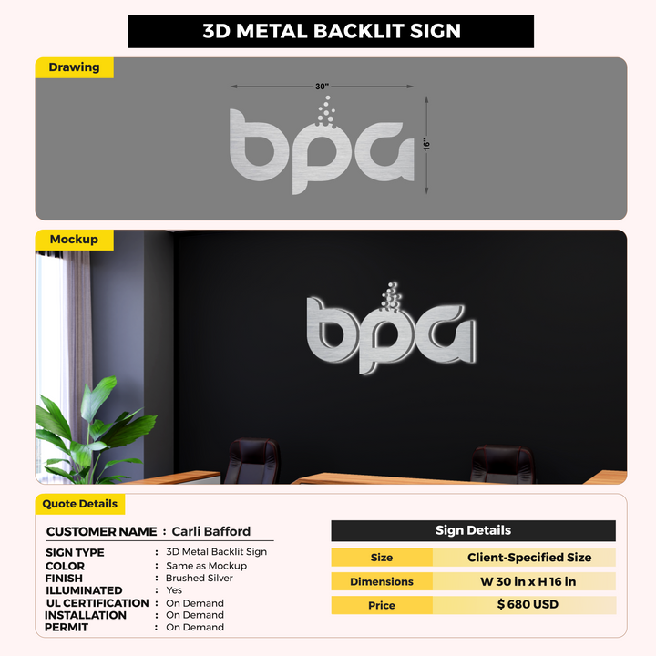 3D Metal Backlit Sign For Carli Bafford