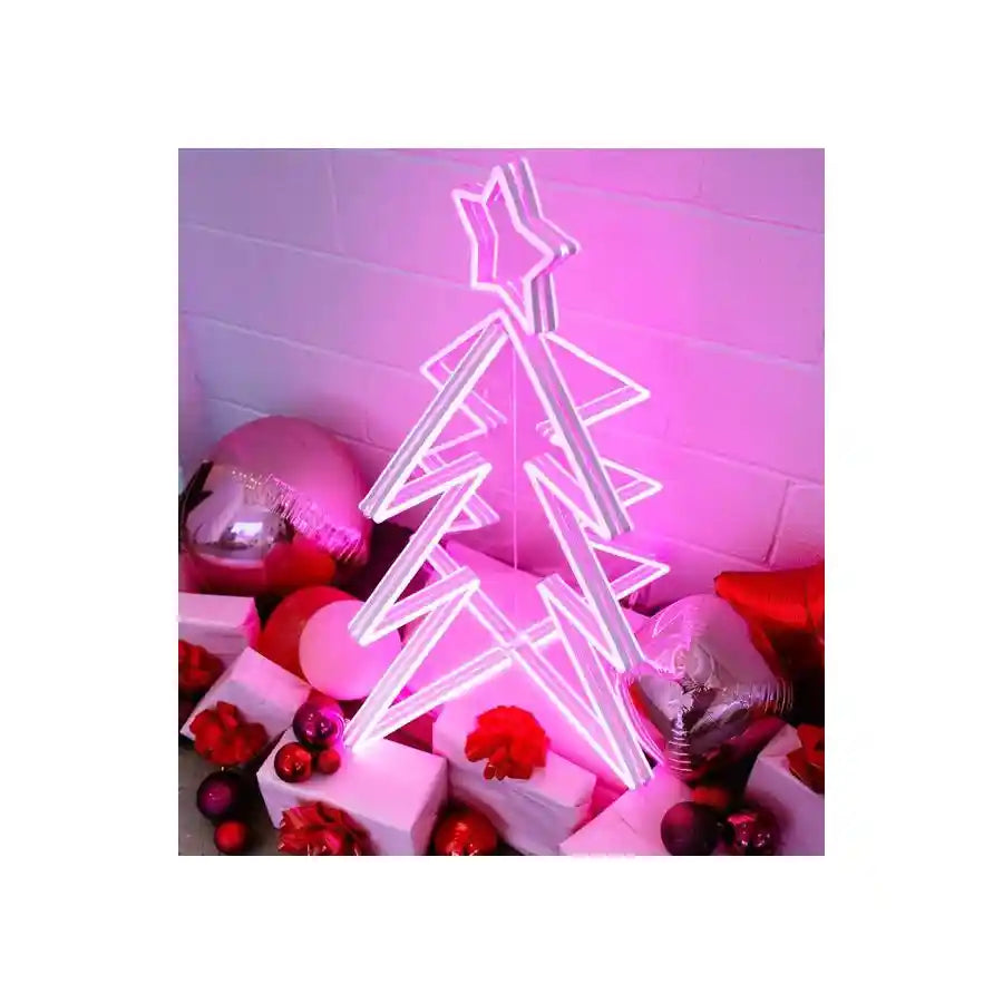 3D LED Tree Merry Christmas Neon Sign by Neon.Shop glowing in vibrant LED light with three-dimensional Christmas tree design.