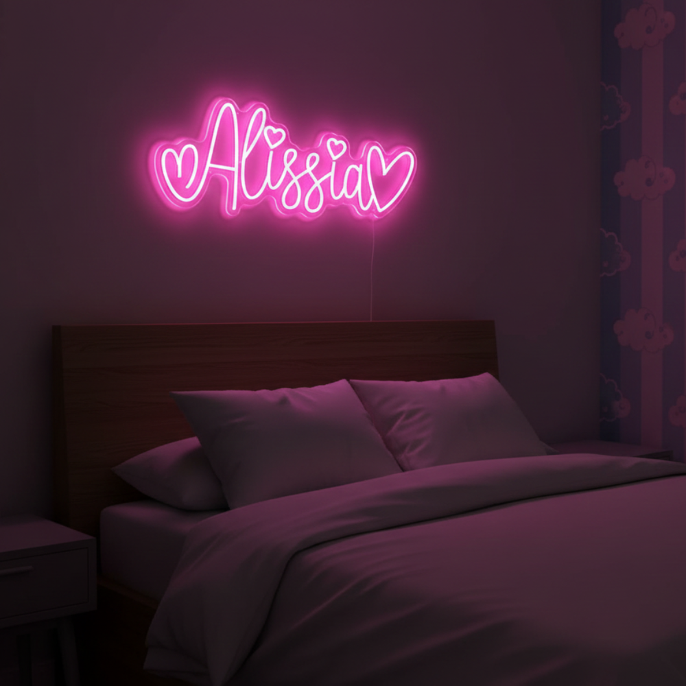 ALISSIA LED Neon Name Sign by Neon.Shop adding vibrant LED glow to bedrooms, home offices, and living spaces.