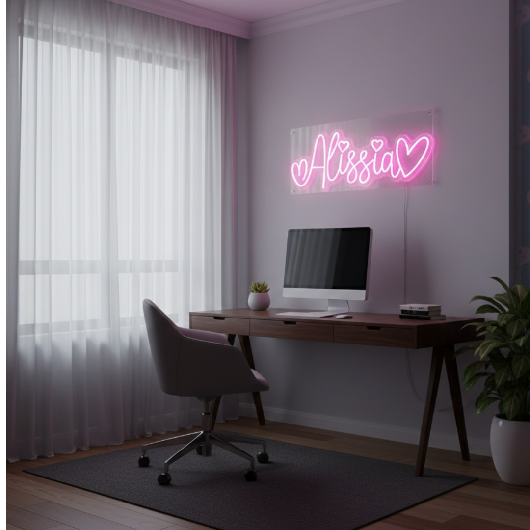 ALISSIA LED Neon Name Sign by Neon.Shop adding vibrant LED glow to bedrooms, home offices, and living spaces.
