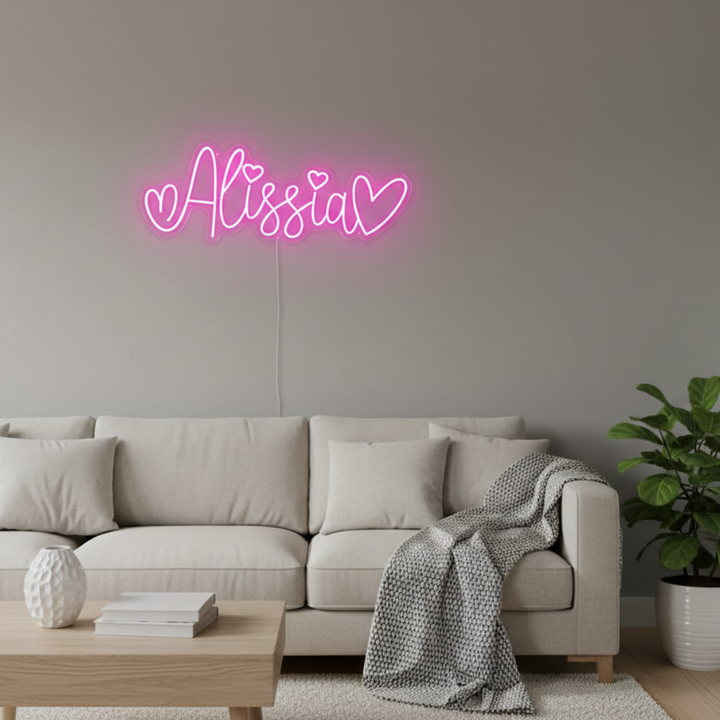ALISSIA LED Neon Name Sign by Neon.Shop adding vibrant LED glow to bedrooms, home offices, and living spaces.