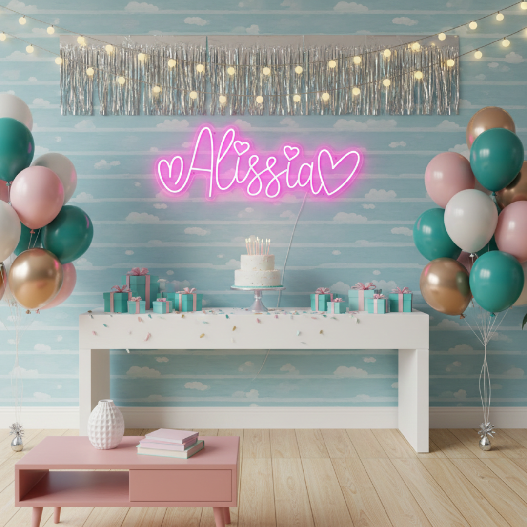 ALISSIA LED Neon Name Sign by Neon.Shop adding vibrant LED glow to bedrooms, home offices, and living spaces.