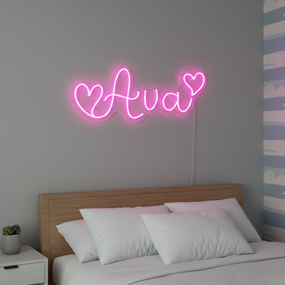 AVA LED Neon Name Sign by Neon.Shop adding vibrant LED glow to bedrooms, home offices, and living spaces.