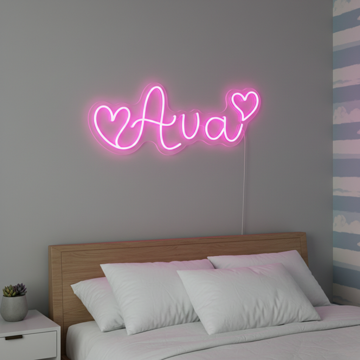 AVA LED Neon Name Sign by Neon.Shop adding vibrant LED glow to bedrooms, home offices, and living spaces.