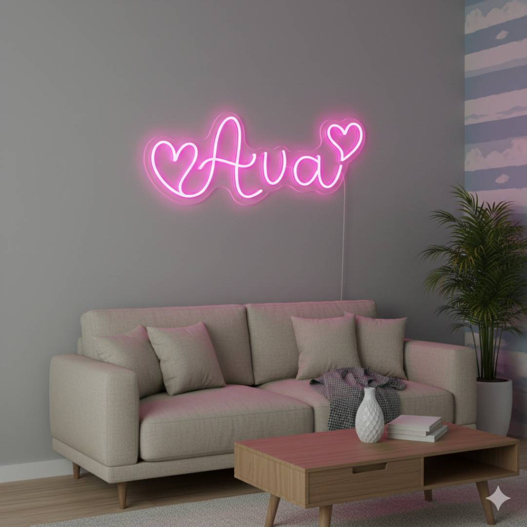 AVA LED Neon Name Sign by Neon.Shop adding vibrant LED glow to bedrooms, home offices, and living spaces.