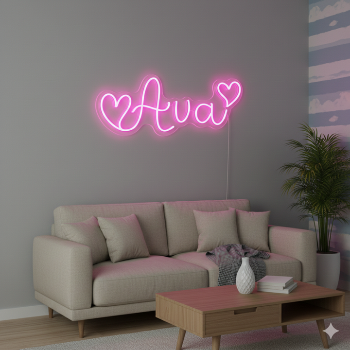 AVA LED Neon Name Sign by Neon.Shop adding vibrant LED glow to bedrooms, home offices, and living spaces.