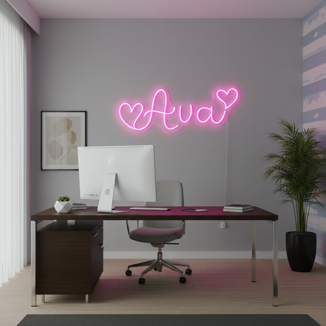 AVA LED Neon Name Sign by Neon.Shop adding vibrant LED glow to bedrooms, home offices, and living spaces.