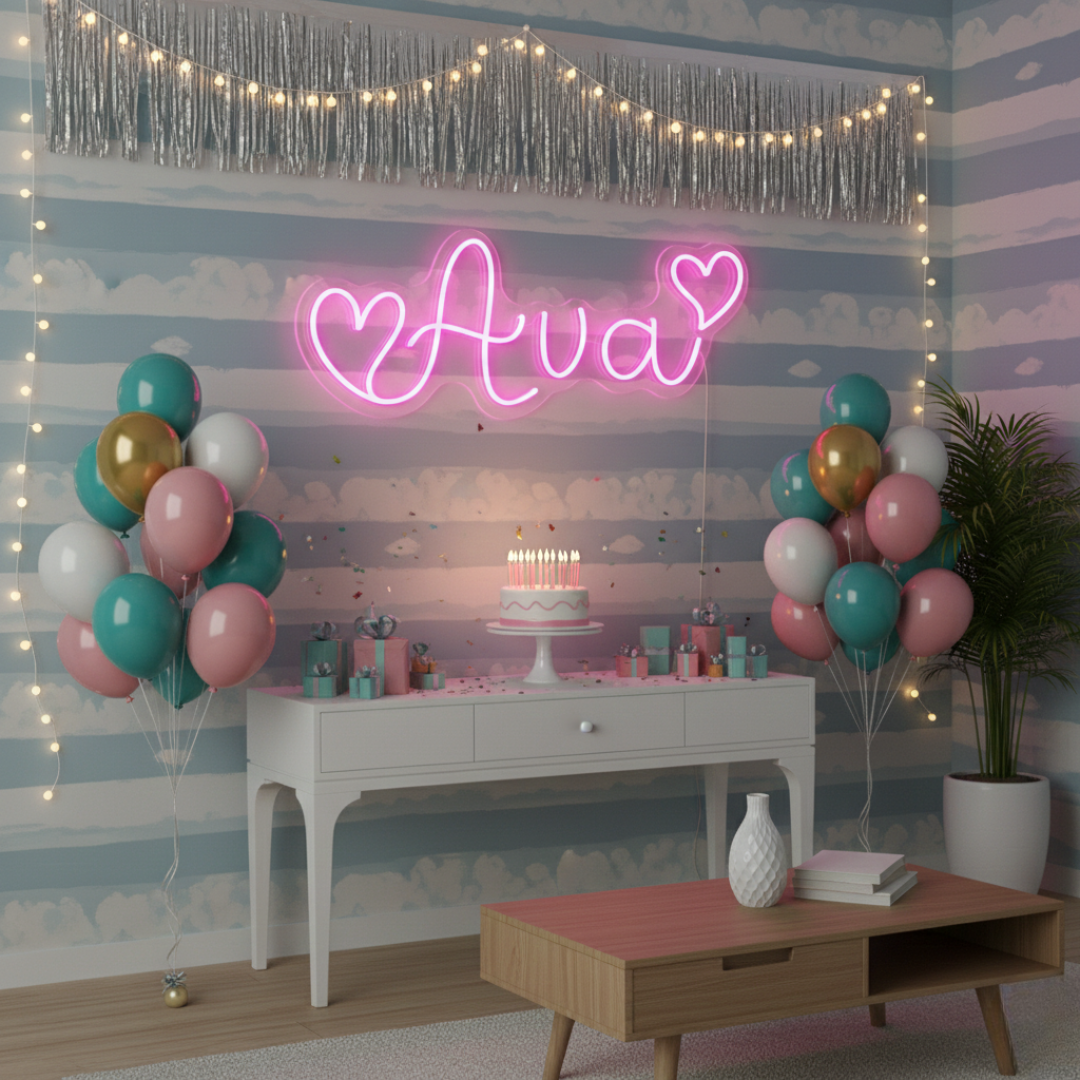AVA LED Neon Name Sign by Neon.Shop adding vibrant LED glow to bedrooms, home offices, and living spaces.