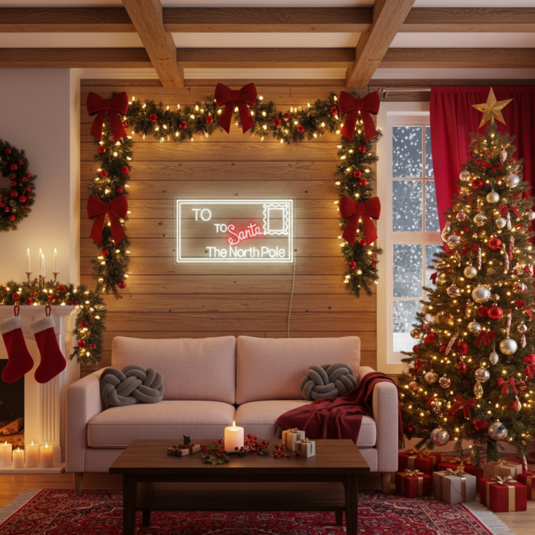 A Letter to Santa Playroom Merry Christmas Neon Sign by Neon.Shop with glowing LED lettering for kids’ holiday décor.