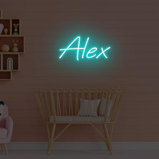 Alex Name LED Neon Sign in premium customizable LED tubing, personalized wall-mounted name light décor by Neon.Shop for home rooms, events, and gifting.