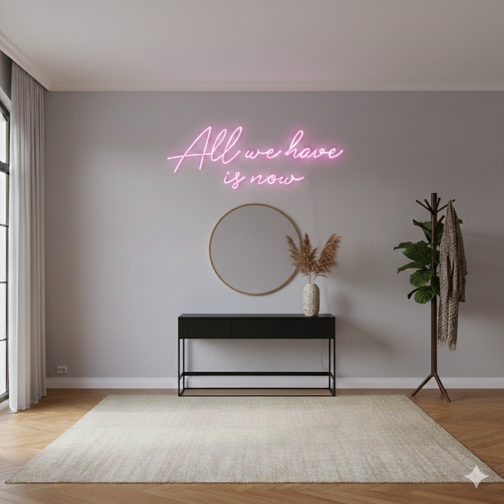 All We Have Is Now LED neon sign by Neon.Shop glowing on a modern wall as inspirational neon wall decor