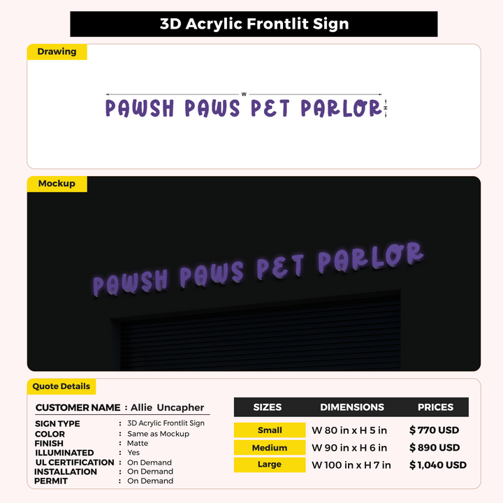 3D Acrylic Frontlit Sign for Allie  Uncapher
