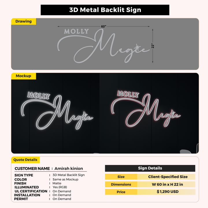 3D metal backlit sign for Amirah kinion