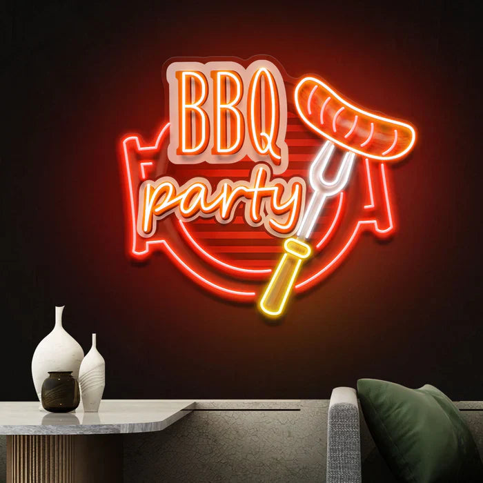 BBQ Grilling UV Art LED neon sign with vibrant grill illustration glowing in colors by Neon.Shop