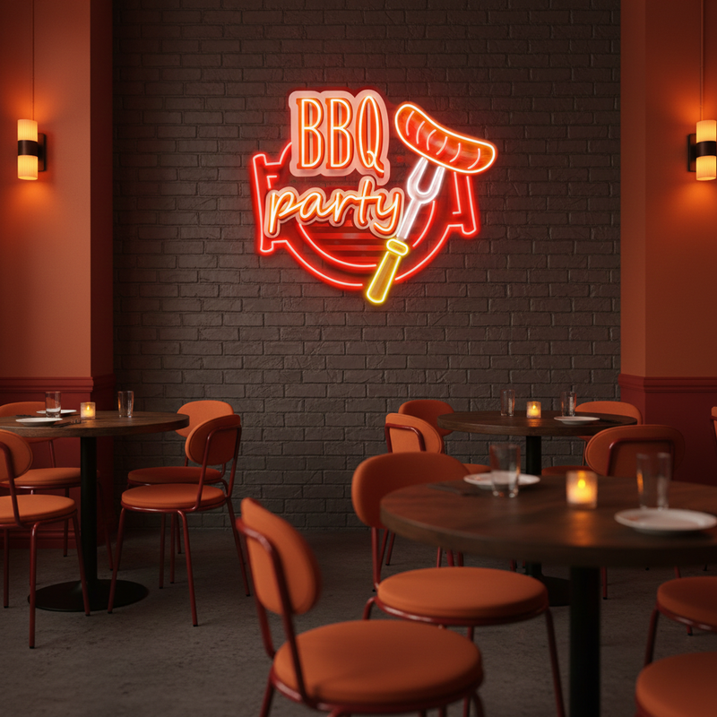 BBQ Grilling UV Art LED neon sign with vibrant grill illustration glowing in colors by Neon.Shop