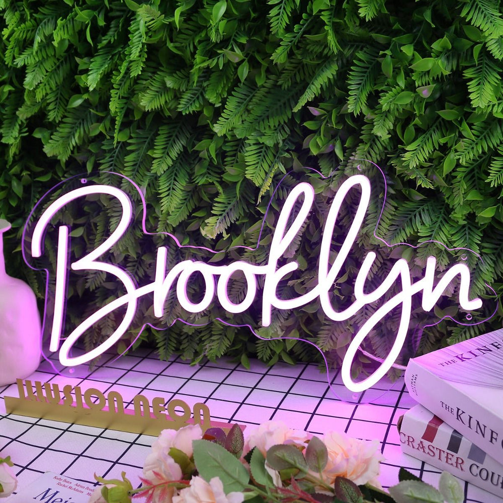 BROOKLYNN LED Neon Name Sign by Neon.Shop adding vibrant LED glow to bedrooms, home offices, and living spaces.