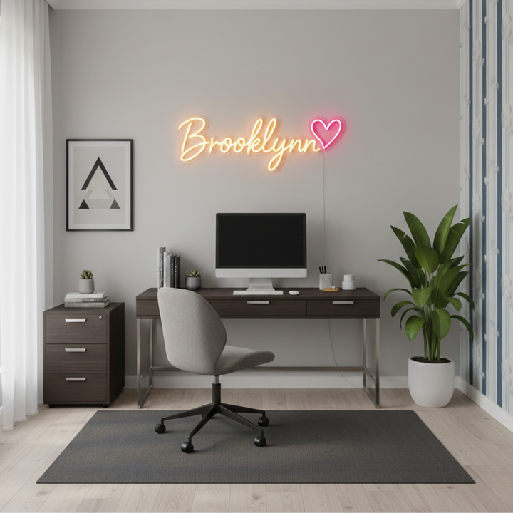 BROOKLYNN LED Neon Name Sign by Neon.Shop adding vibrant LED glow to bedrooms, home offices, and living spaces.