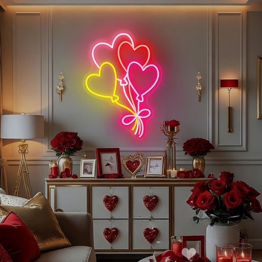 Balloons Valentine’s Day LED neon sign by Neon.Shop glowing in pink and red balloon shapes, perfect for Valentine décor, events, and gifts