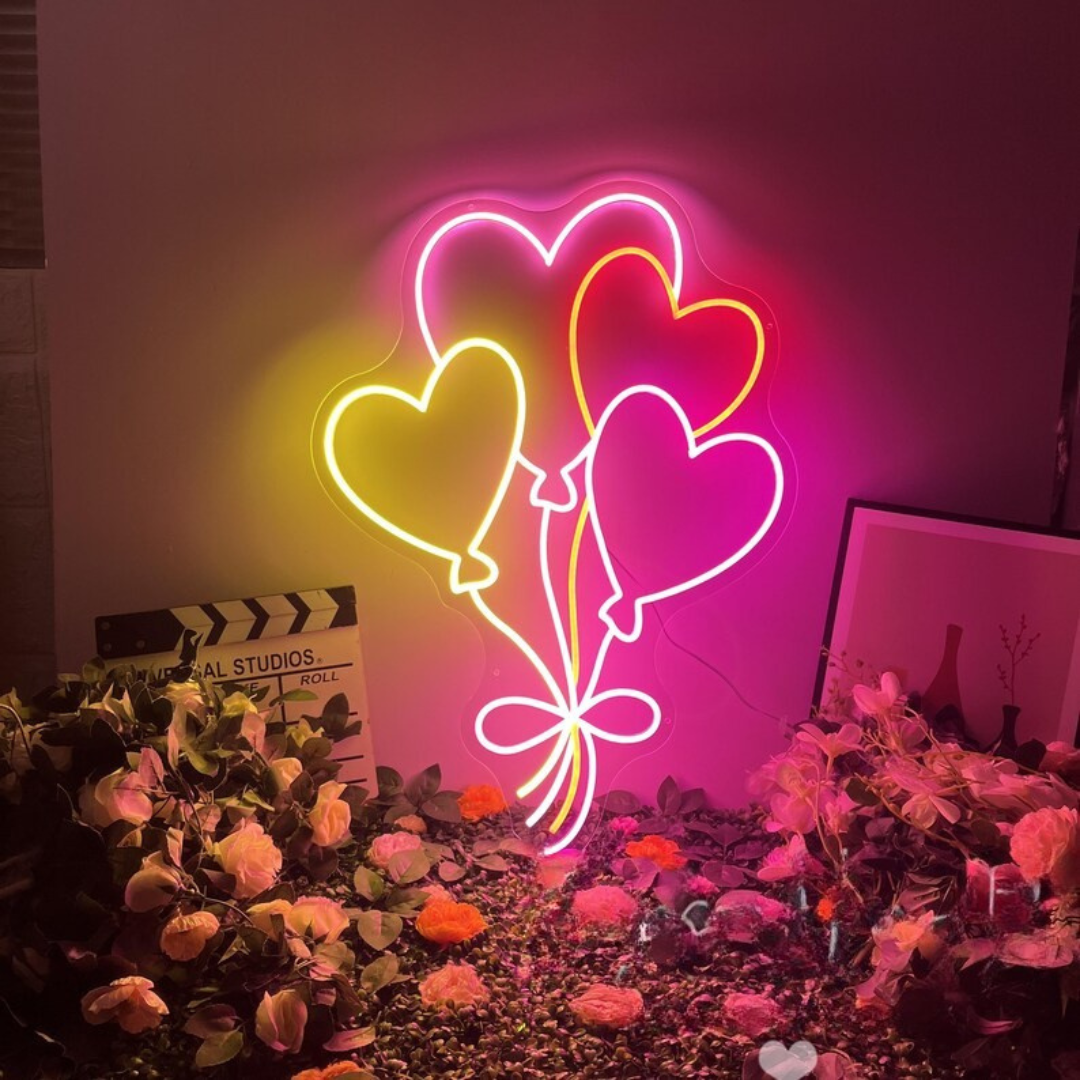 Balloons Valentine’s Day LED neon sign by Neon.Shop glowing in pink and red balloon shapes, perfect for Valentine décor, events, and gifts