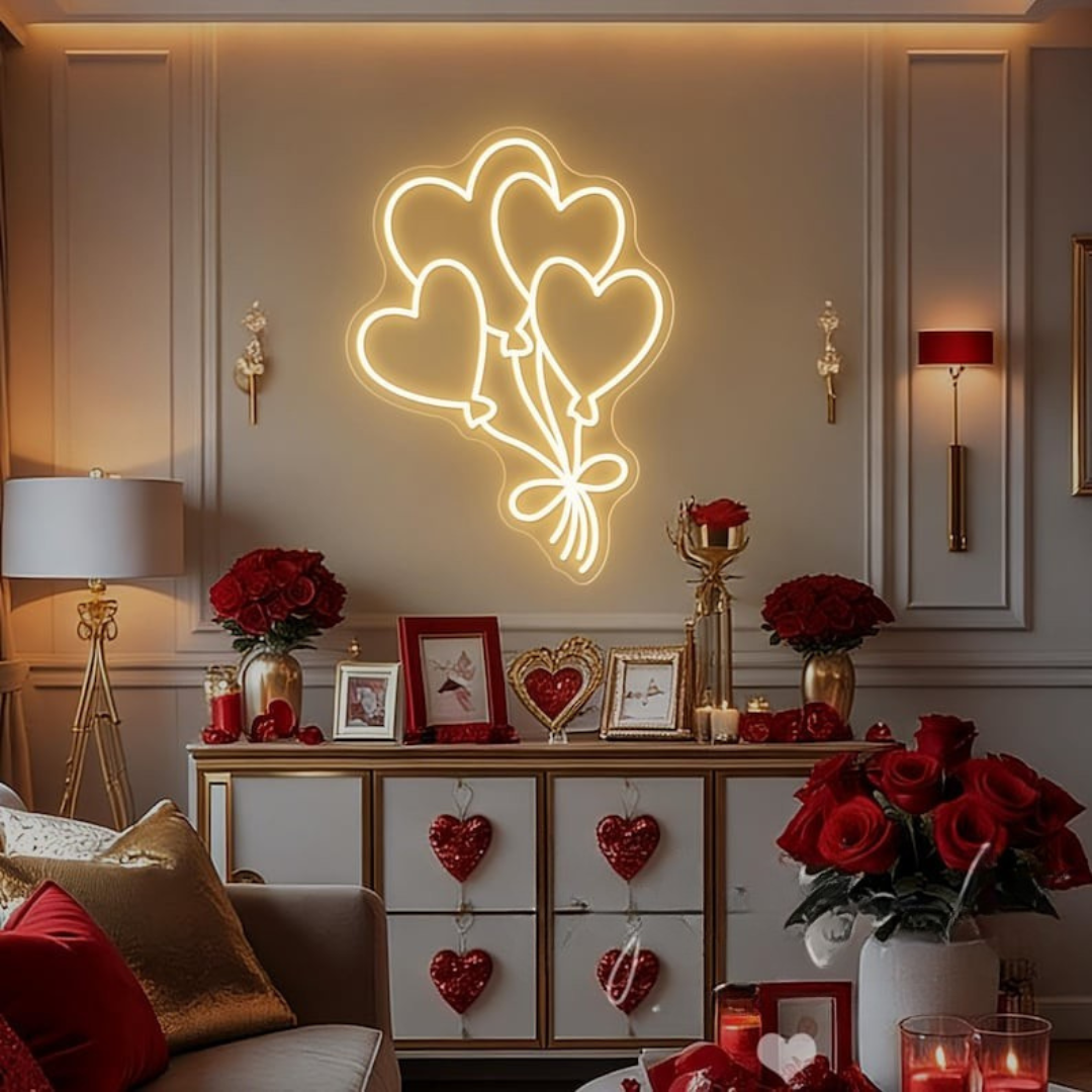Balloons Valentine’s Day LED neon sign by Neon.Shop glowing in pink and red balloon shapes, perfect for Valentine décor, events, and gifts