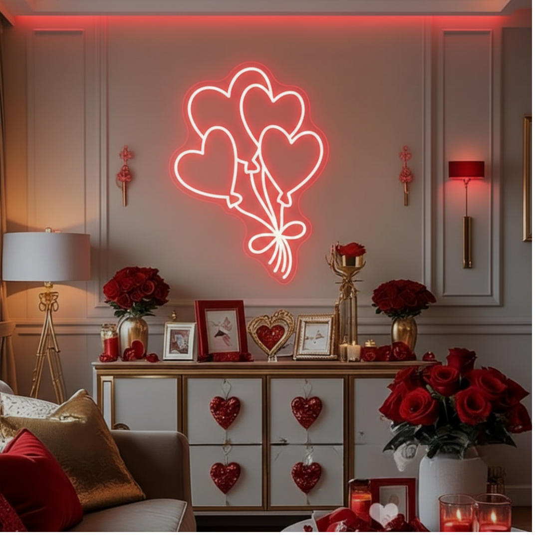 Balloons Valentine’s Day LED neon sign by Neon.Shop glowing in pink and red balloon shapes, perfect for Valentine décor, events, and gifts