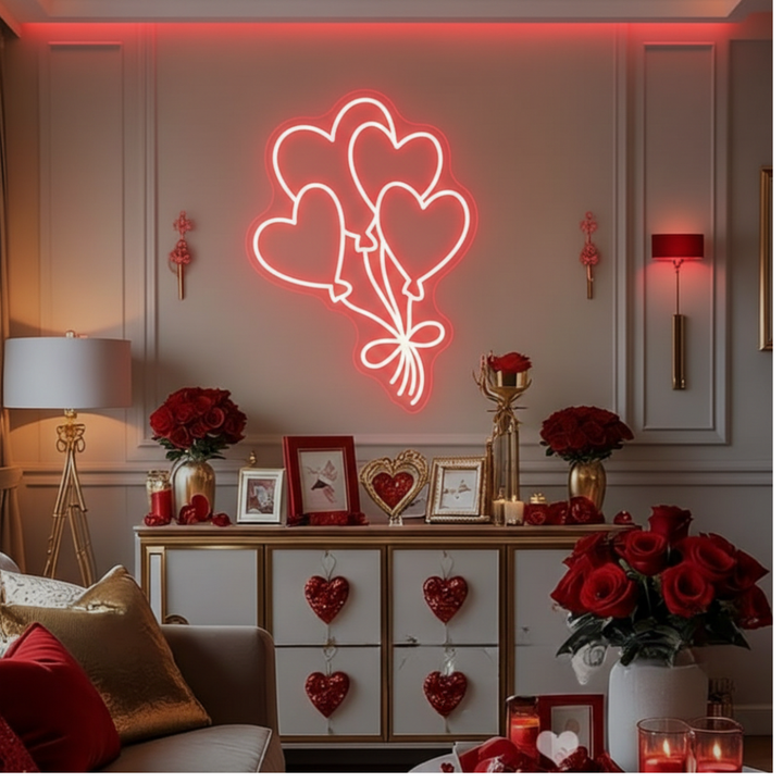 Balloons Valentine’s Day LED neon sign by Neon.Shop glowing in pink and red balloon shapes, perfect for Valentine décor, events, and gifts