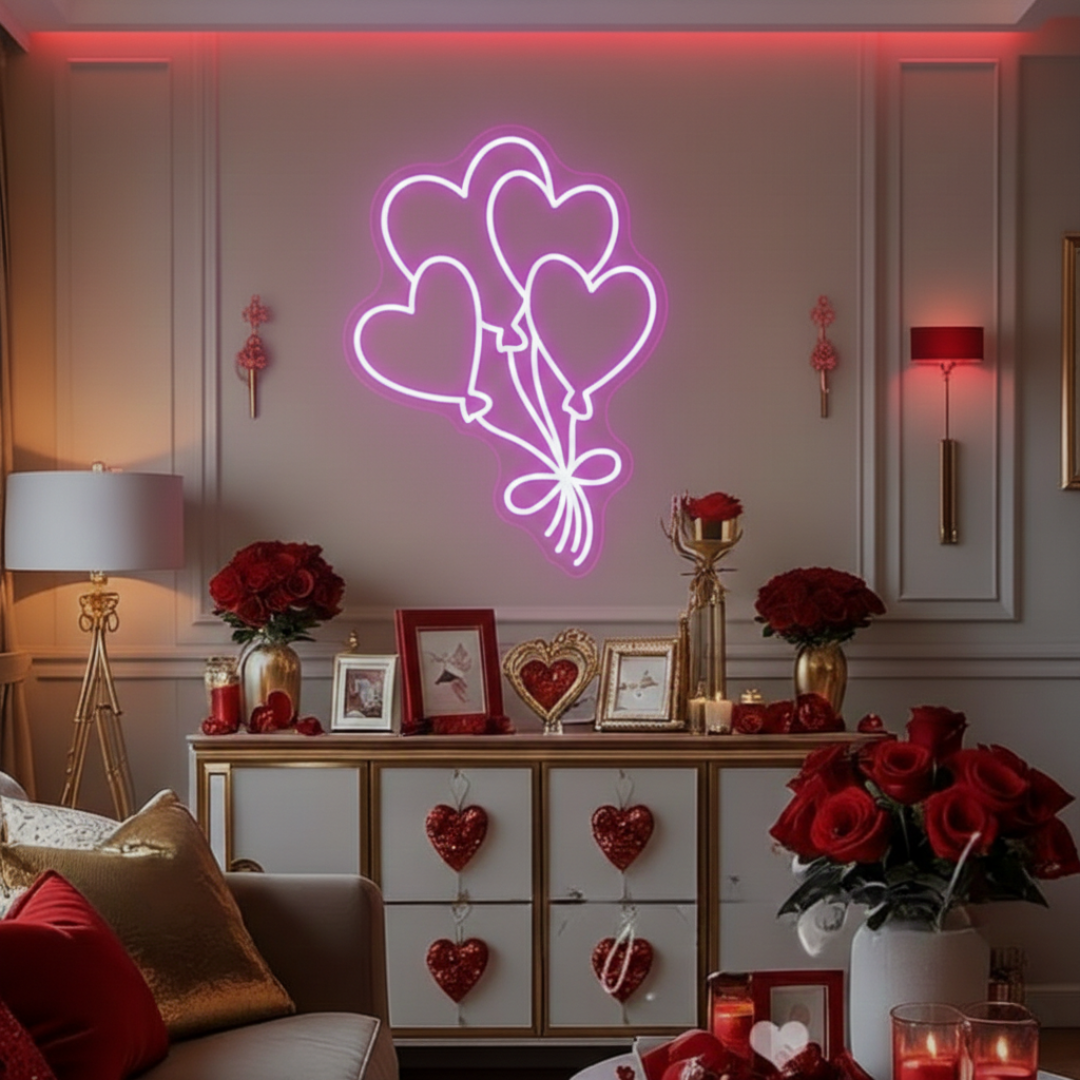 Balloons Valentine’s Day LED neon sign by Neon.Shop glowing in pink and red balloon shapes, perfect for Valentine décor, events, and gifts