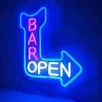 Bar Open Business Neon Sign by Neon.Shop glowing brightly above the entrance of a modern bar, attracting customers day and night