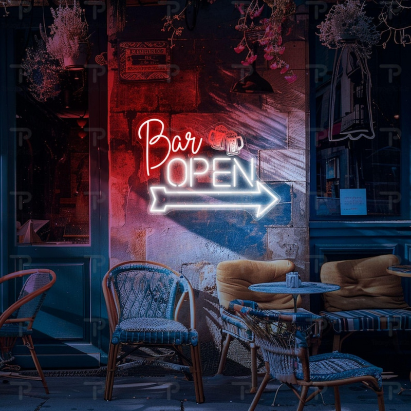 Bar Open neon sign with arrow and beer mugs by Neon.Shop illuminating a pub or lounge storefront